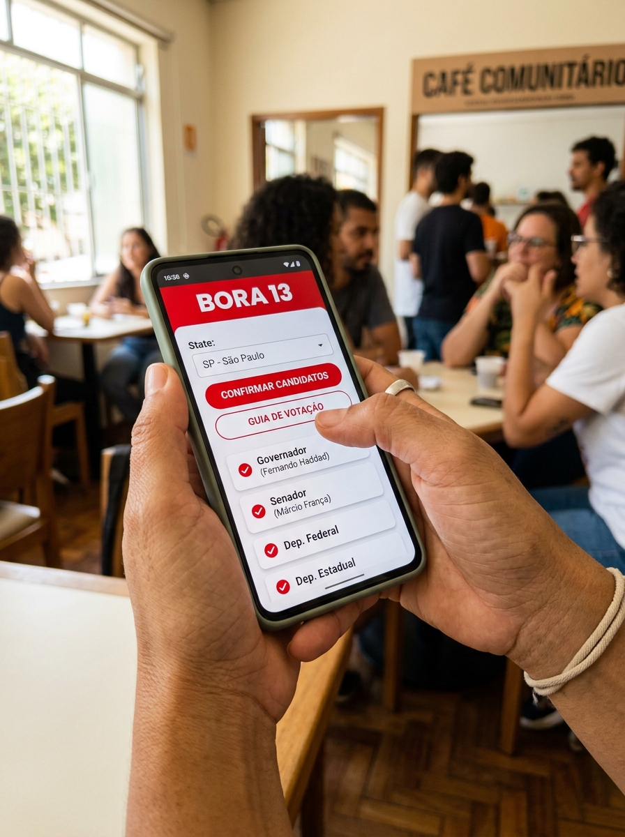 Bora 13 aberto em smartphone no café comunitário